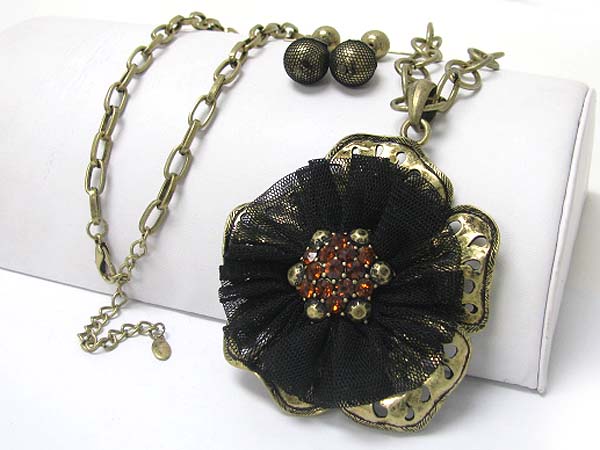 Crystal and chiffon mesh deco metal flower pendant long necklace earring set