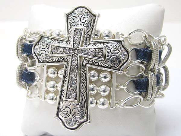 CRYSTAL STUD DETAIL TEXTURED CROSS AND MULTI METAL CHAIN AND SUEDE CODE MIXED LINK BRACELET