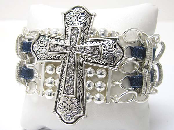 Crystal stud detail textured cross and multi metal chain and suede code mixed link bracelet