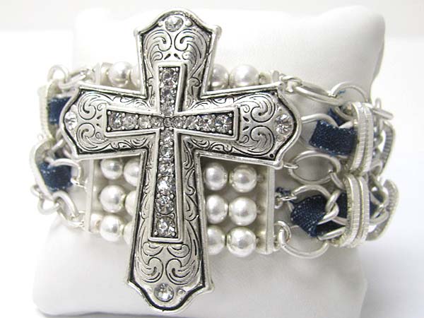 CRYSTAL STUD DETAIL TEXTURED CROSS AND MULTI METAL CHAIN AND SUEDE CODE MIXED LINK BRACELET
