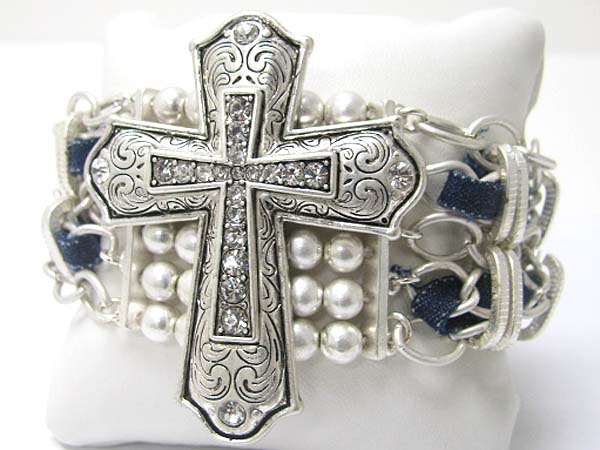 Crystal stud detail textured cross and multi metal chain and suede code mixed link bracelet
