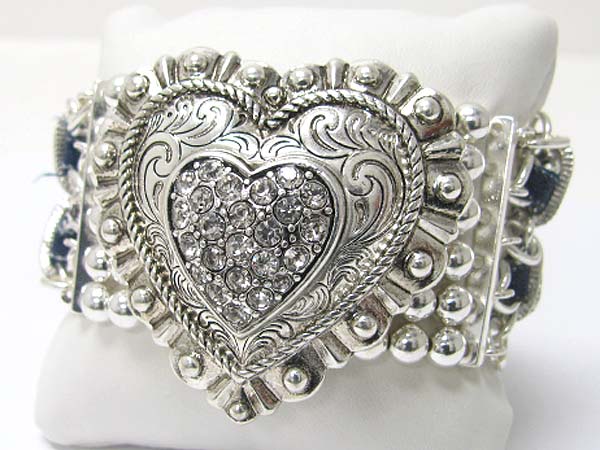 CRYSTAL STUD DETAIL TEXTURED HEART AND MULTI METAL CHAIN AND SUEDE CODE MIXED LINK BRACELET