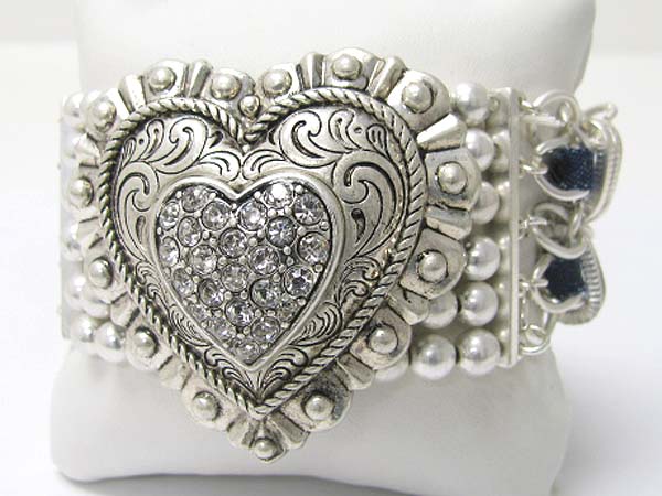 Crystal stud detail textured heart and multi metal chain and suede code mixed link bracelet