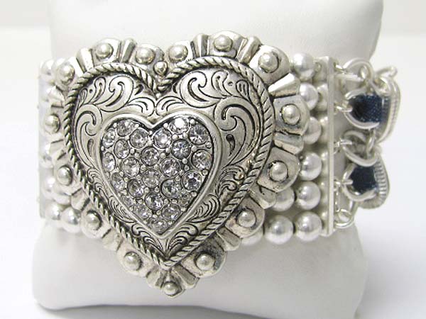 CRYSTAL STUD DETAIL TEXTURED HEART AND MULTI METAL CHAIN AND SUEDE CODE MIXED LINK BRACELET