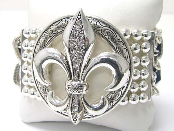 Crystal stud detail textured fleur de lis and multi metal chain and suede code mixed link bracelet