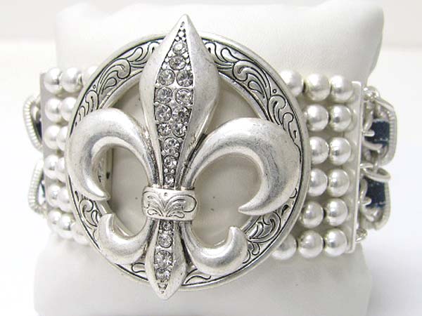 CRYSTAL STUD DETAIL TEXTURED FLEUR DE LIS AND MULTI METAL CHAIN AND SUEDE CODE MIXED LINK BRACELET