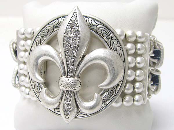 Crystal stud detail textured fleur de lis and multi metal chain and suede code mixed link bracelet