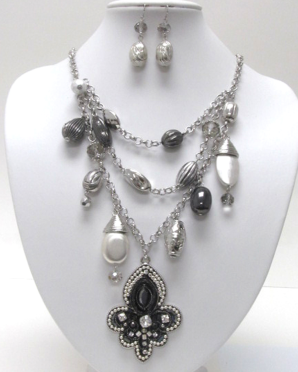 Handcraft acryl art metal fleur de lis pendant necklace earring set