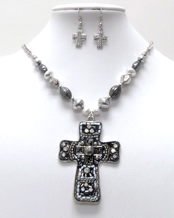 Handcraft acryl art metal cross pendant necklace earring set