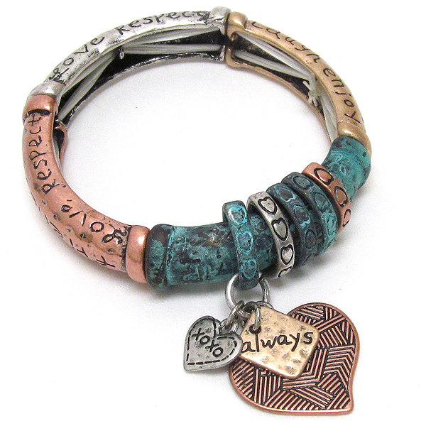 Inspiration message and heart charm patina stretch bracelet