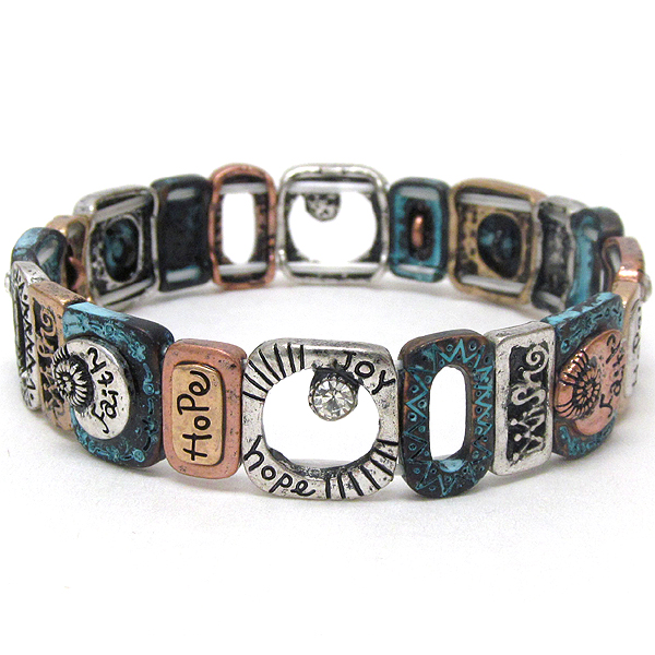 CRYSTAL AND INSPIRATION MESSAGE ON MULTI METAL PLATE PATINA STRETCH BRACELET