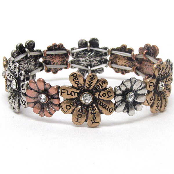 CRYSTAL AND INSPIRATION MESSAGE FLOWER LINK STRETCH BRACELET