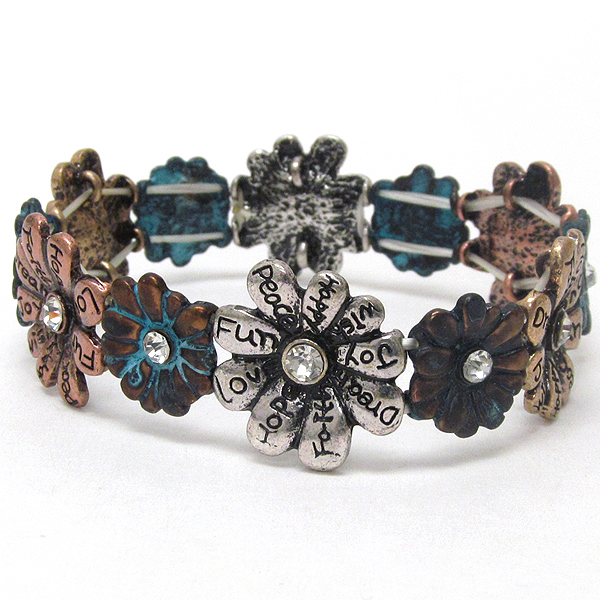 CRYSTAL AND INSPIRATION MESSAGE FLOWER LINK PATINA STRETCH BRACELET