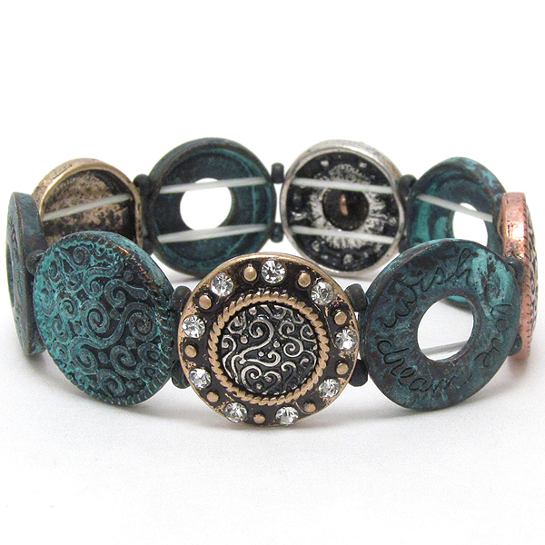 Crystal and textured metal disk link patina stretch bracelet