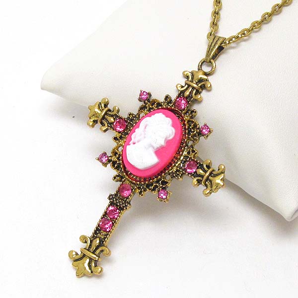 Crystal and cameo center deco cross necklace