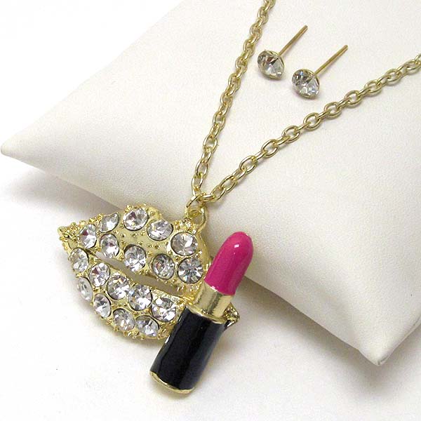 Crystal lip and epoxy lipstick necklace earring set