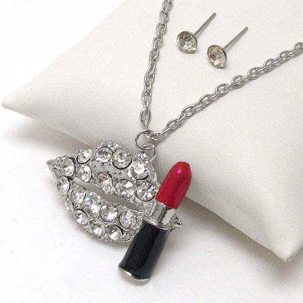 Crystal lip and epoxy lipstick necklace earring set