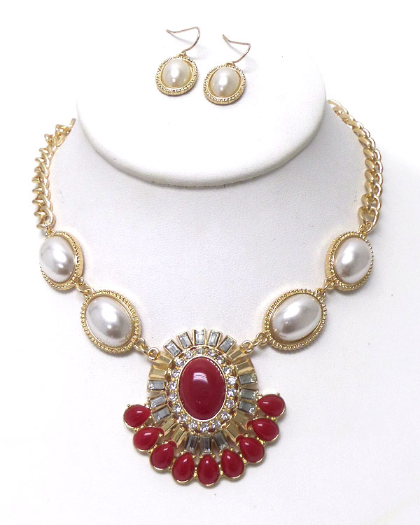 Crystal pendant and pearl accent chain necklace set