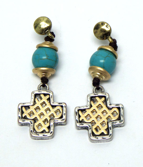 Metal cross with turquoise stone earrings