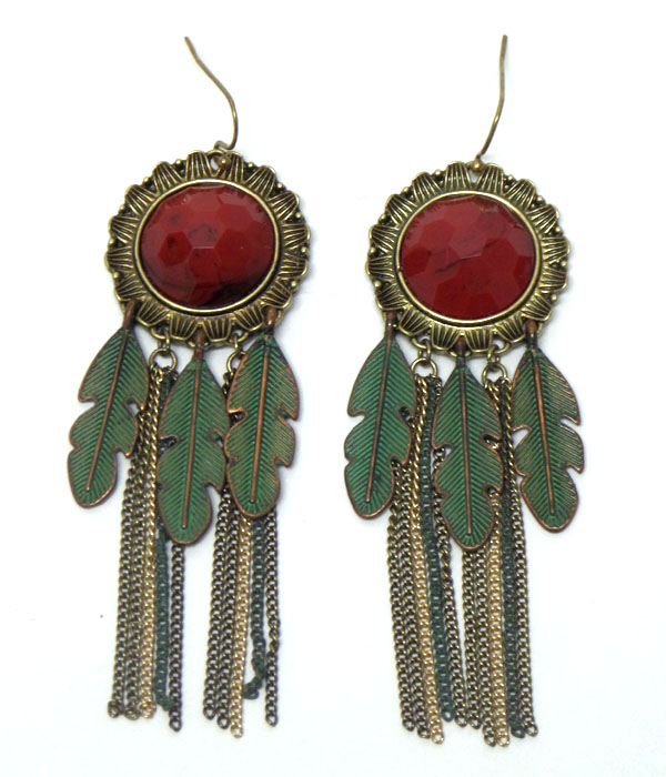 Stone with feather and tassel drop hook earrings