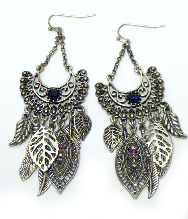 Metal feather with stone hook earrings