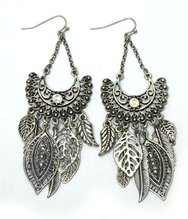 Metal feather with stone hook earrings