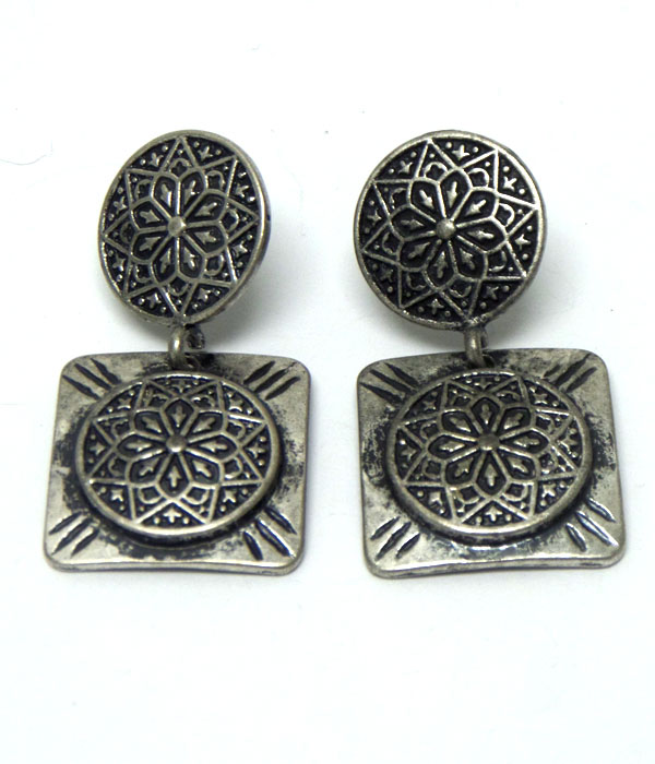 Design metal with flower in center drop earrings