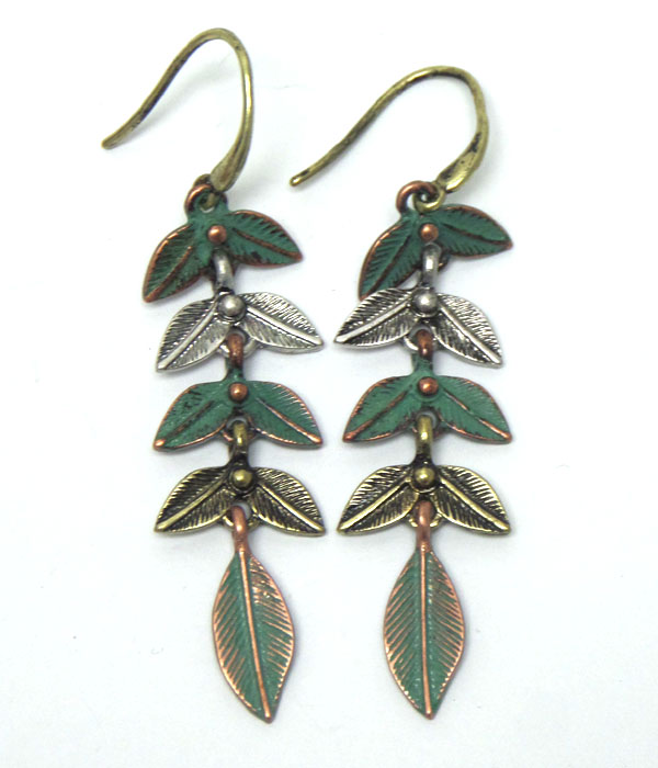 Multi metal linked feather hook earrings