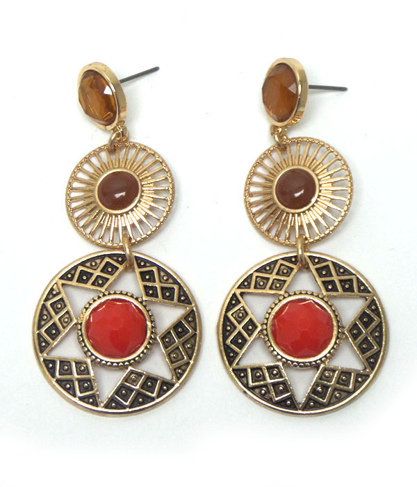 Tribal style linked disks with stone earrings