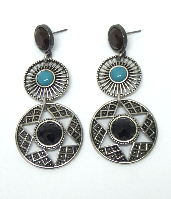 Tribal style linked disks with stone earrings