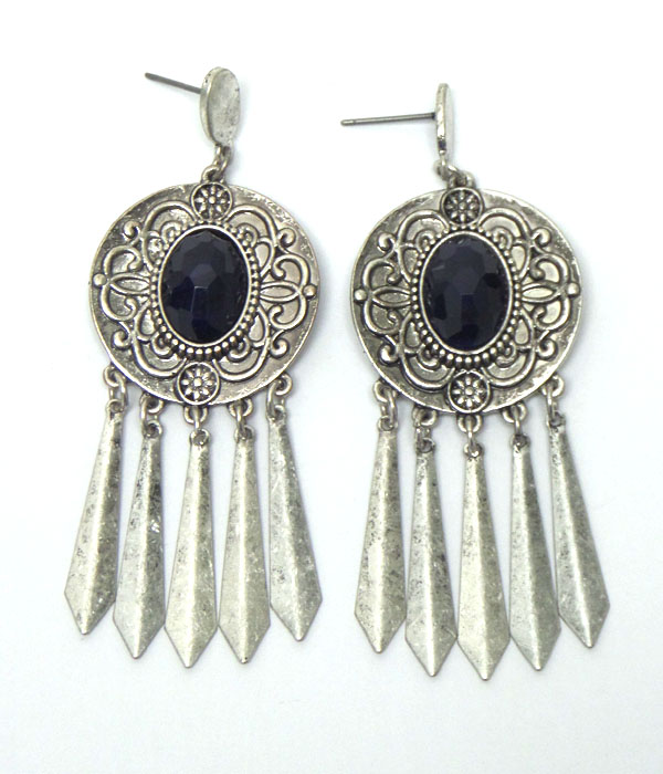 Bold textured metal with ceneter stone metal drop earrings 