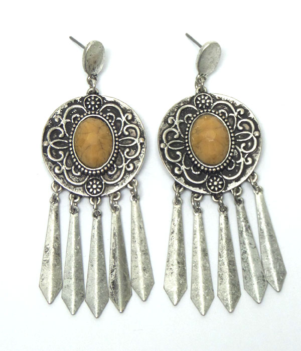 Bold textured metal with ceneter stone metal drop earrings 