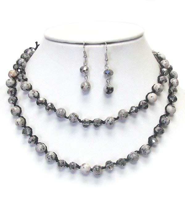 Semi precious stone and glass beads cord link long necklace set