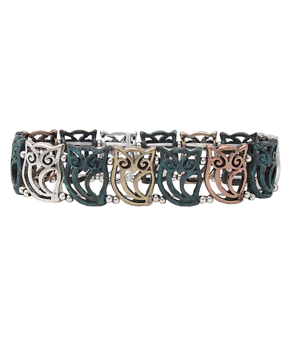 Vintage metal multi owl link stretch bracelet