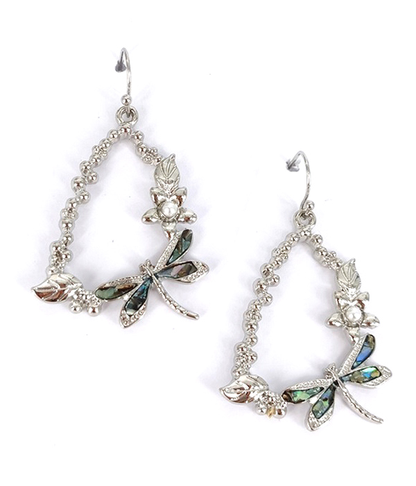 Garden theme abalone dragonfly teardrop earring