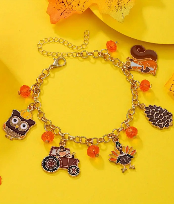 Thanksgiving theme multi charm bracelet - owl turkey squirrel
