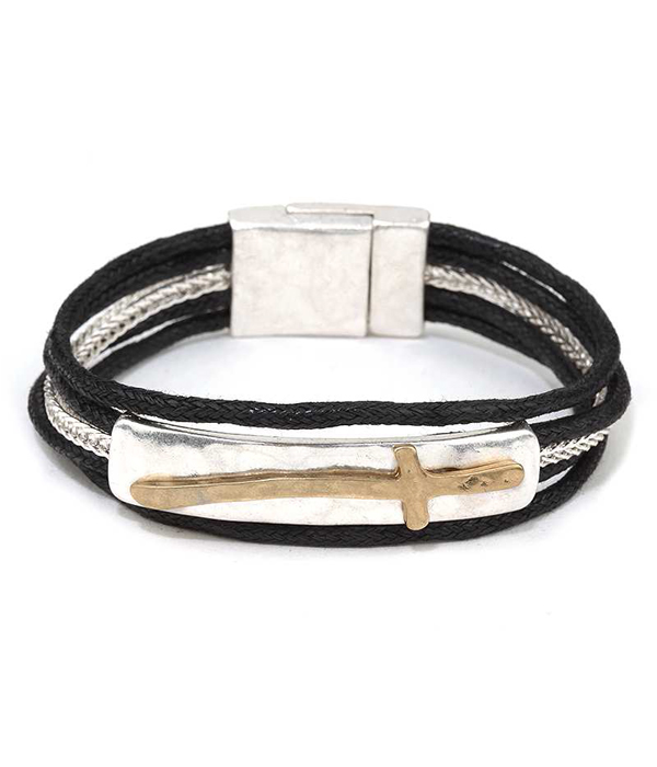 Handmade cross plate and wax cord magnetic closure bracelet