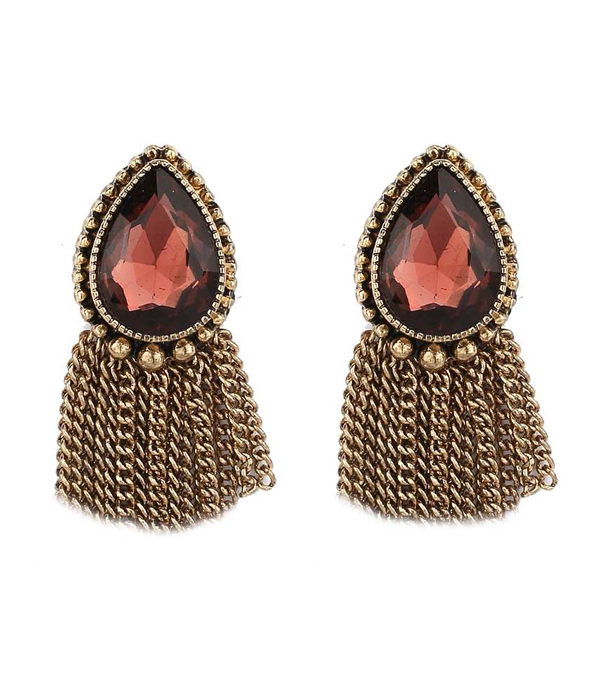 FACET TEARDROP AND CHAIN TASSEL DROP STUD EARRING