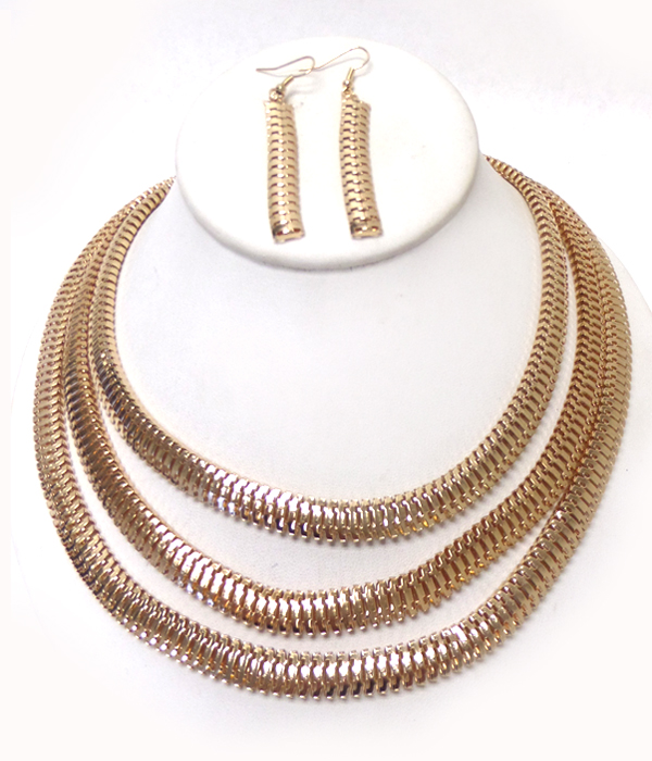 3 layer metal flat chain necklac set
