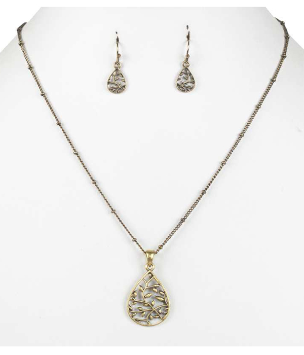 Metal filigree stem and leaf teardrop pendant necklace set