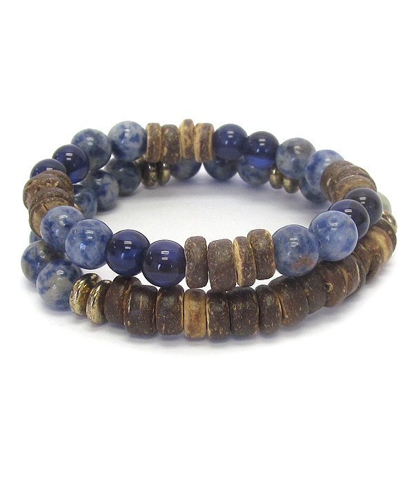 Multi stone ball and wood chip double stretch bracelet set