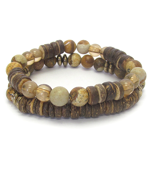 Multi stone ball and wood chip double stretch bracelet set