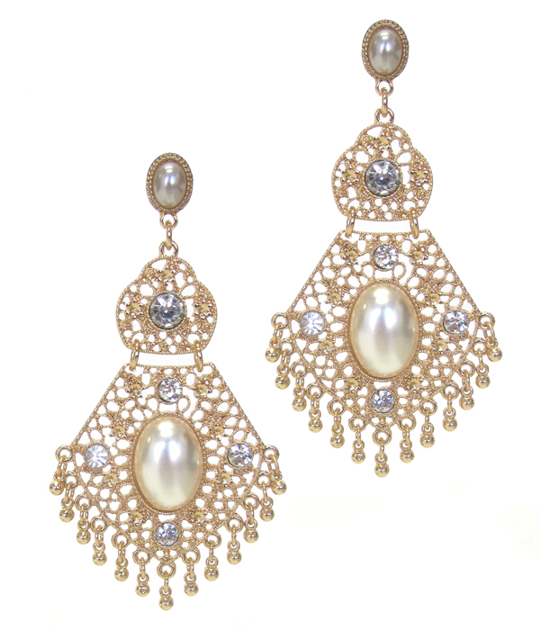 METAL FILIGREE CRYSTAL AND PEARL ACCENT EARRING