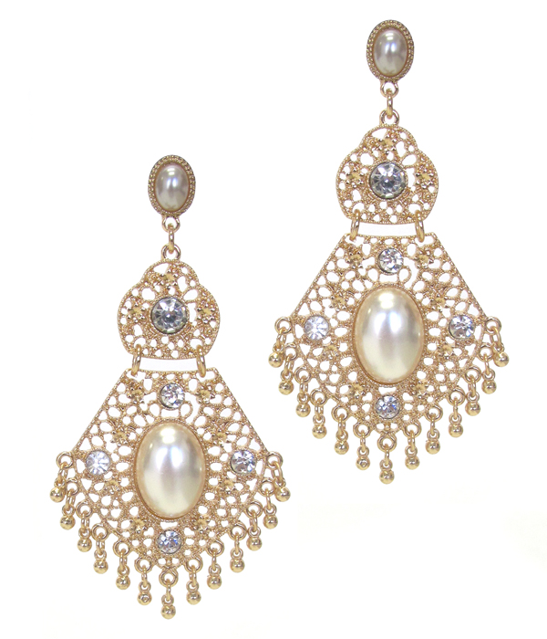 Metal filigree crystal and pearl accent earring