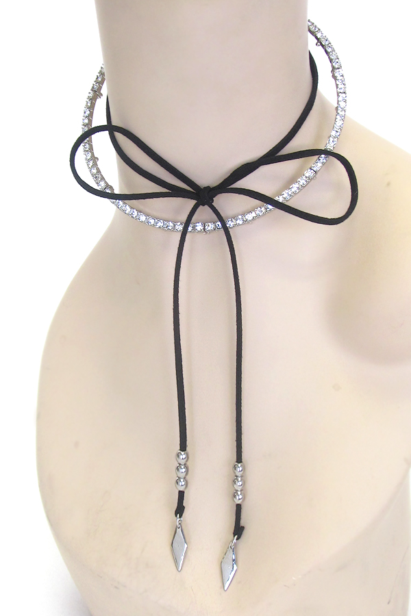 CRYSTAL CHOKER AND SUEDE BOW DOUBLE LAYER NECKLACE