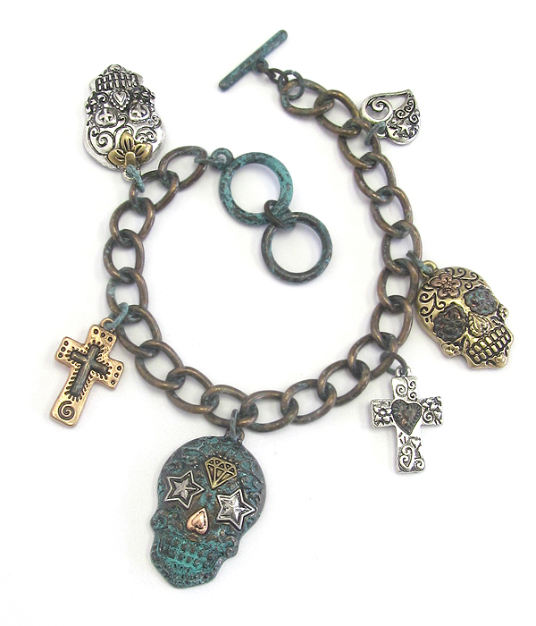 Sugar skull multi charm toggle bracelet
