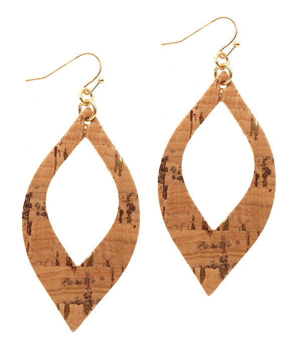Cork wood print leatherette open marquise earring