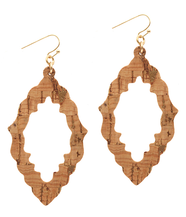 Cork wood print leatherette open quatrefoil earring