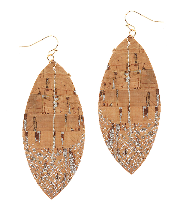 Cork wood print leatherette marquise earring