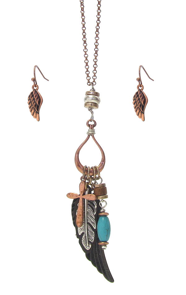 Cross feather wing mix pendant necklace set